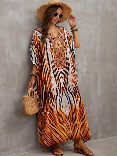 Image of Moss Rose Kaftan Dresses for Women V Neck Summer Swimsuit Cover up Caftan Maxi Beach Dresses