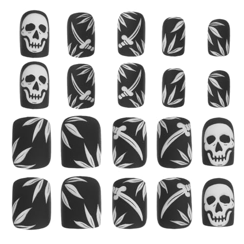 Mipcase 24 Piezas Uñas Postizas Cortas Halloween con Calavera Adhesivas Cuadradas Negras Resistentes Cobertura Total para Manicura Gótica Coración de Fiesta