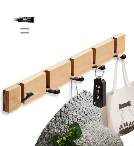 Dr.DJ Wooden Coat Hooks, Coat Rack Wall Mounted with 5 Folding Hooks Hat Rack Modern Floating Coat Hook Rack Adhesive & Wall Mounted for Hats, Scarves, Key, Towel