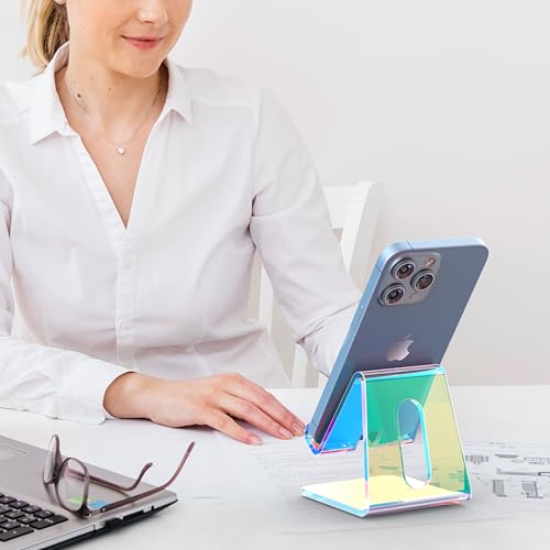 Image of Crpich Acrylic Cell Phone Stand, Portable Phone Holder, Phone Stand for Desk, Compatible with Phone16 15 14 13 12 Pro Max Mini 11, Switch, Android Smartphone, Pad, Tablet, Iridescent Color