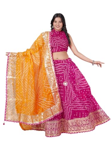 Image of Traditional Ethnic Kota Doria Bandhani Lehenga Choli Set for Wedding and Ethnic FestivalEmbroidered Gota Patti Border Readymade Lehenga Chunni Set with Running Blouse