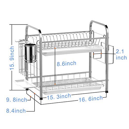 Dish Drying Rack, GSlife 2 Tier 304 Stainless Steel Dish Rack with Utensil Holder, Cutting Board Holder and Dish Drainer for Kitchen Counter,Silver - Thumbnail 5