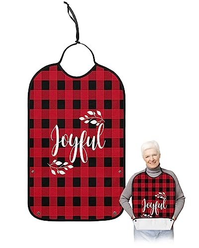 LEOKOTI Christmas Proverb Adult Bibs for Eating, Waterproof Bibs with Food Catcher & Adjustable Snap Closure, Red Black Checkered Joyful Washable Clothing Protectors Adult Bibs for Elderly Women/Men