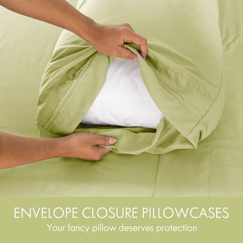 Image of ClevaHome Queen Size Sheets - 6 Piece Fitted Bed Sheet Set, Leaf Green | Soft Luxury Breathable, Shrink & Fade Resistant, Embroidered Bed Sheets, 14-inch Deep Pocket, 2 Extra Pillowcases
