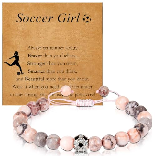 Yuannee Rosa Naturstein-Armband,Fußball Armband Freundschaft Stressabbau Angst Armbands Fußballspiel Gewebte Armbands Stimmungsarmband Mädchen Fussball Geschenke Mädchen