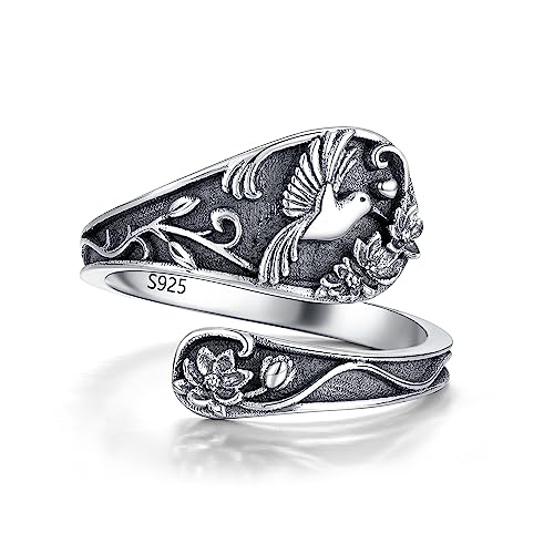 SILVWHIS Spoon Ring Sterling Silver Hummingbird Ring Vintage Antique Spoon Rings Adjustable Thumb Rings for Women (vintage, 9# 10# 11#)