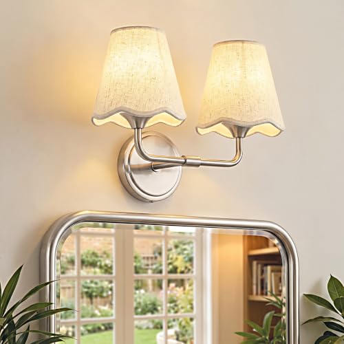 Image of Bathroom Light Fixtures 14 inch Vanity Light 2-Light Brushed Nickel | Farmhouse Bathroom Lights, Beige Wavy Fabric Shade, Dimmable Vanity Lighting Fixtures for Mirror Bedroom Living Room Hallway