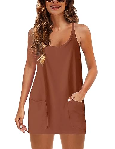 Image of Lentta Womens Athletic Sleeveless Mini Dress with Built-in Shorts V Neck Spaghetti Strap Sundress