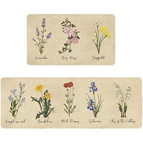 Xsinufn Vintage Wildflowers Kitchen Mat Set of 2,Floral Farmhouse Kitchen Rugs and Mats Non Skid Washable,Rustic Plant Kitchen Runner Rugs with Rubber Backing (Lavender 17"x48"+17"x30") Cover
