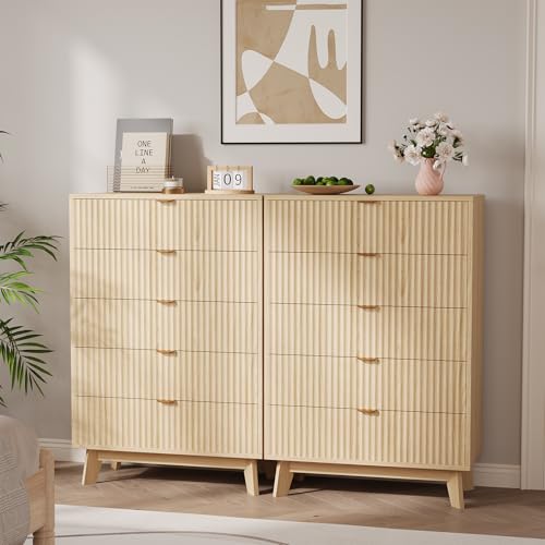 Garvee 5 Drawer Dresser Set of 2, 32 Inch Tall Mid Century Modern Dresser Drawers, Waveform Fluted Side Table, Wood Drawer Organizer for Bedroom Living Room, Hallway, Natural Oak
