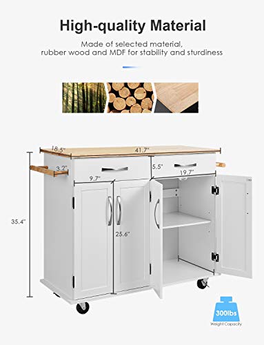 kealive Kitchen Island on Wheels Rolling Kitchen Island Cart with Storage, Handle Rack Rubber Wood Top Cabinet, White, 48.2L x 18.5W x 35.4H