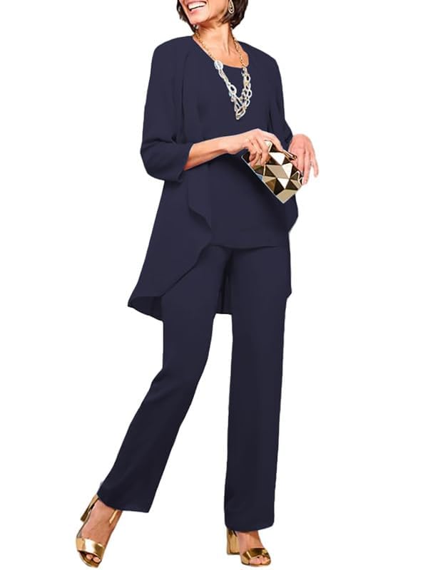 Chiffon Mother of The Bride Pant Suits for Wedding 3 Pieces Wedding Guest Outfits for Women with Jacket