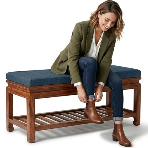 IQNJERYV Bench Cushion 2 Inch Thick Linen Outdoor Patio Furniture Seat Pad for Garden Dining Window Seat Shoe Rack Non-Slip with Ties & Removable Zippered Cover Custom Size(Blue,90x11in)