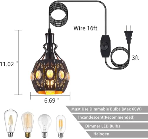 Image of YLONG-ZS Hanging Lamp Swag Lights Plug in Pendant Light,Hanging Lights with Plug in Cord Small Black Vintage Rustic Dimmable Hanging Ceiling Lamp for Corner Restaurant Living Room Bedroom