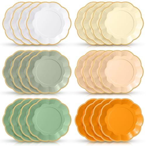Tiangrid 72 Pcs A Little Cutie Paper Plates 9 Inch Sage Green Orange Gradient Scalloped Paper Disposable Dinner Dessert Plates for Baby Shower Summer Birthday Wedding Bridal Party Supplies, 6 Colors