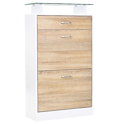 HOMCOM Armoire à Chaussures Meuble Rangement Chaussures 2 Portes abattantes 2 Compartiments, tiroir, Plateau en Verre - Bois chêne Blanc