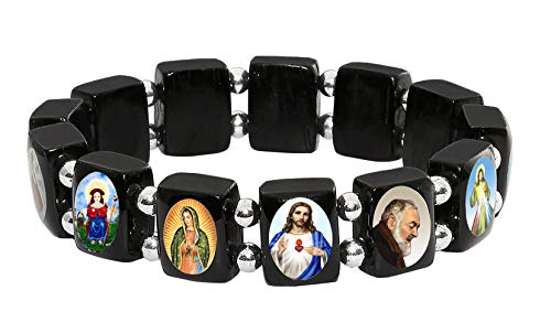 Catholica Shop Religious Black Wooden Stretch Catholic Devotional Bracelets with Color Images of Mary, Jesus, and Saints (Small Silver Tone)