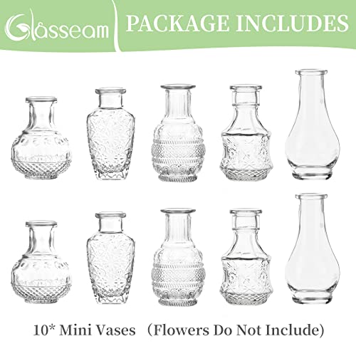 Clear Glass Bud Vase Bulk Set, Glasseam 10Pcs Vintage Crystal Small Mini Flower Decor Vases Antique Decorative Small Opening Short Vase Multi Rustic Aesthetic Wedding Table Centerpiece #TOP7