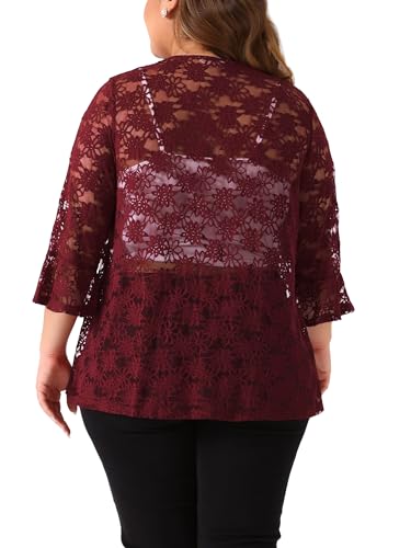 Image of Agnes Orinda Women Plus Size Open Front Lace Cardigans | 3 /4 Bell Sleeve Sheer Formal Bolero Shrugs Lightweight Floral Crochet Cover Up