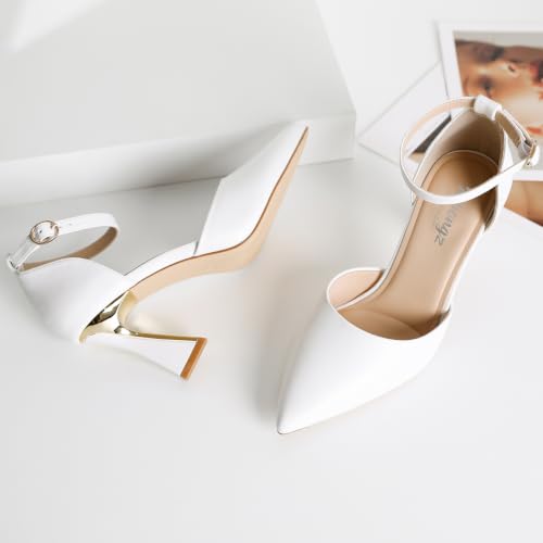 Image of RIBONGZ Comfortable Kitten Heels for Women Pointed Closed Toe Ankle Strap Buckle Heels Slip on Low Heel Church Pumps Wedding Bridal Party Dressy Shoes