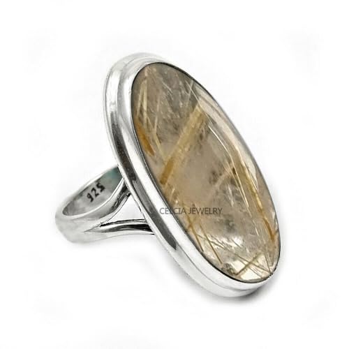 Chevalière homme en quartz rutilé doré et argent sterling fait main