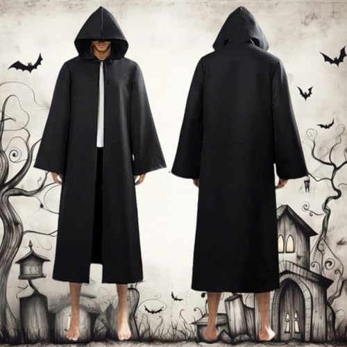 LUKYLUM Adult Hooded Robe Cloak, Black Cape with Sleeves Adult Black Cloak Men Women, Knight Robe Costume Halloween Christmas Carnival Cosplay Party Fancy Dress Uniform Hooded Cape, XXL - Image 2