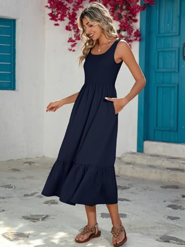 Image of HDLTE Women Summer Dresses 2025 Square Neck Tiered Tank Long Maxi Casual Sundress with Pockets