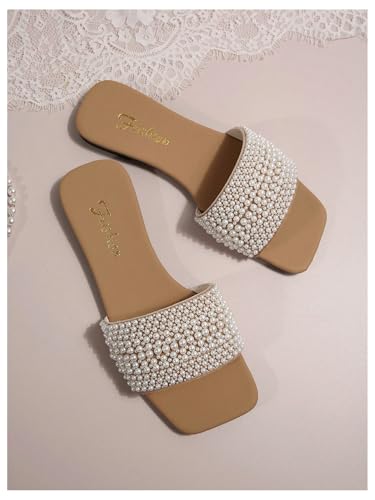 OYOANGLE Women's Pearl Decor Square Toe Sandals Leather Open Toe Flat Slip On Slides3