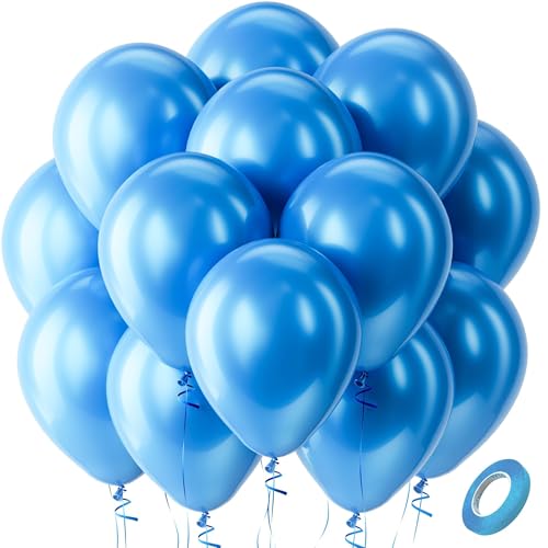 Image of Bezente Pearl Blue Latex Party Balloons - 100 Pack 12 inch Round Helium Pearl Sky Blue Balloons for Graduation Birthday Gender Reveal Wedding Anniversary Under The Sea Theme Party Decorations