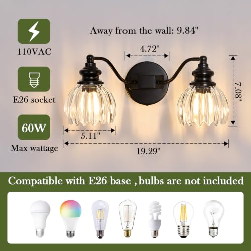 Image of Piepooye Modern Bathroom Lights Fixtures 2 Lights Black Vanity Light with Glass LampShade E26 Bulb Indoor Vanity Light Over Mirror for Bedroom Farmhouse Kitchen Living Room