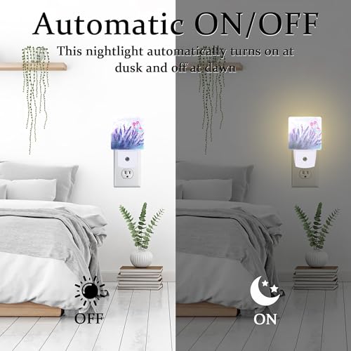Image of Lavender with Pink Butterfly Night Light for Kids, Watercolor Purple Meadow Floral Night Light Plug in with Dusk to Dawn Sensor, 0.5w Energy Saving Nightlight for Hallway Stairway Kitchen Bedroom