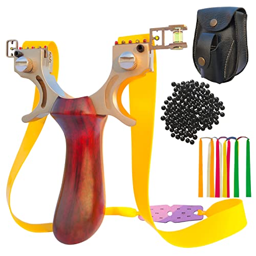 SZCNJX Slingshot Professional Outdoor Hunting Slingshot Set, Wooden Handle Stainless Steel Slingshot with 5 Rubber Bands and 1 Ammo Pack, 100 Ammo High-Speed Catapult Slingshot