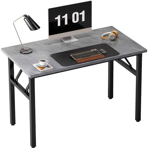 Image of Need 39.4 Inch Folding Desk for Small Spaces, Home Office Computer Desk with Grey Table top & Black Metal Frame, Foldable Writing Table for Study, Bedroom, Dorm Room & Student