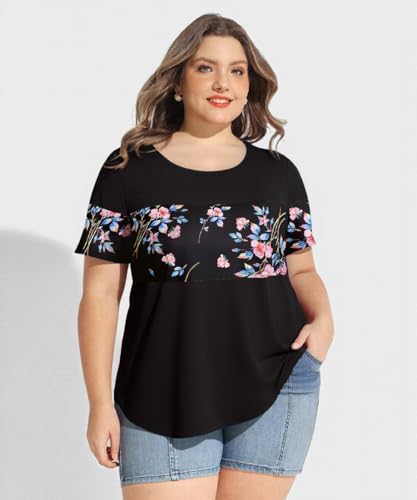 Image of CARCOS Plus Size Tops for Women Short Sleeve Summer Pullover Color Block Crewneck /V Neck Tee Tunic Loose Fit Tshirts XL-5XL