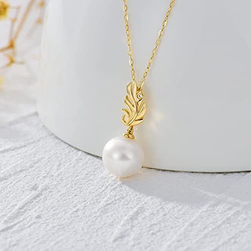 14K Yellow Gold Feather Freshwater Cultured Pearl Jewelry For Women Real Gold Pearl Pendant And Chain Necklace Gifts For Her, 18" #TOP1