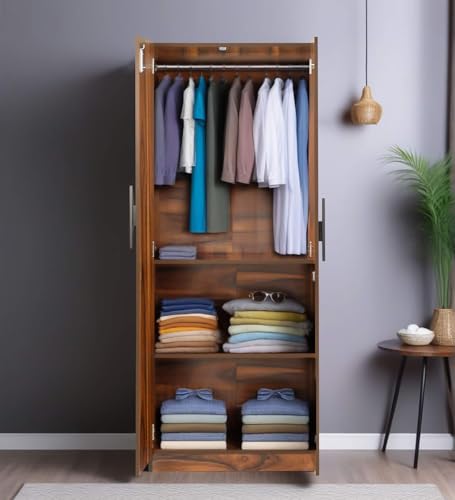 Image of Mintwud Pepperfry Engineered Wood Wardrobe with 2 Doors Storage and 1 Hanging Rod | Wooden Almirah Cupboard for Clothes Storage Organizer for Living Room, Home, Bedroom Furniture (Brown Finish)