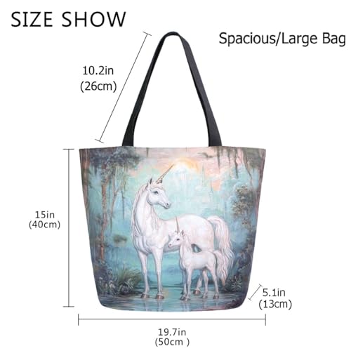 Forest White Unicorns with Child Extra Large Canvas Gym Shoulder Tote,Durable Daily Reusable Top Handle Bag for Mens Womens Yoga Weekender Picnic Beach Travel Market Shopping3
