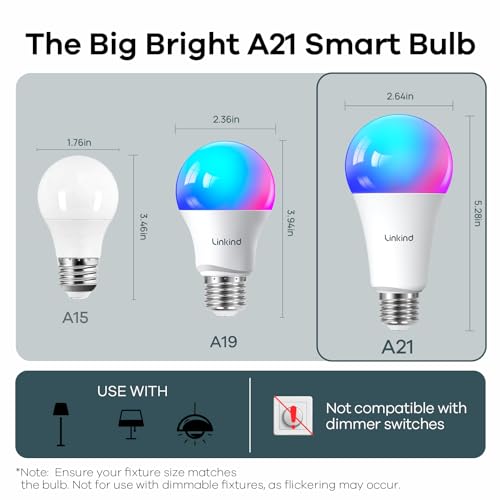 Linkind Smart Light Bulbs, 1600LM (100W Equivalent) Smart Bulb, Work with Alexa & Google Home, RGBTW Color Changing Bulb Music Sync, 2.4GHz Wi-Fi & Bluetooth, LED Alexa Light Bulbs 14W, A21 E26, 2Pack - Image 3