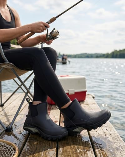 Image of Kalkal Women's Rubber Boots Waterproof Fishing Deck Boots with Shock Absorption Sports Sole, Ankle Rain Mud Boots for Outdoor Garden Chore