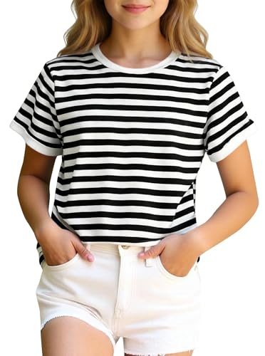 Ecolala Girls Striped Shirt Cute Summer Tops Contrast Color Short Sleeve Crewneck Kids T Shirt Black White 7-8 Years