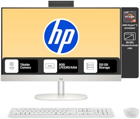 HP AIO 24, AMD Ryzen 3 7320U,8GB LPDDR5, 512GB SSD (Win11,Office24) Anti-Glare, FHD, 23.8inch(60.5 cm), 510SP White Wireless Keyboard and Mouse Combo,Radeon Graphics,White, 5.27kg,24-cr0014in/cr0016in