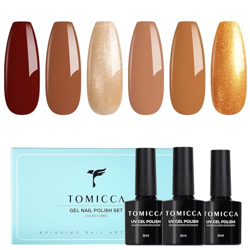 TOMICCA Gel Nail Polish, 6 Colors Brown Neutral Gold Glitter Nude Gel Polish Set, Soak Off UV/LED Nude Brown Gel Varnish for DIY Home Salon Manicure Nail Art