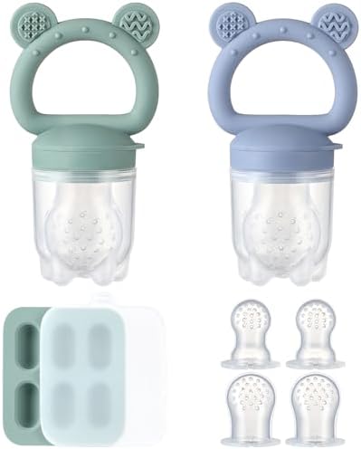 2 Pack Silicone Baby Fruit Feeder with Mini Freezer Tray, Breastmilk Popsicle Molds for Baby Teething Relief, Fresh Food Feeder for Safe Infant Self Feeding, Extra Food Pouches