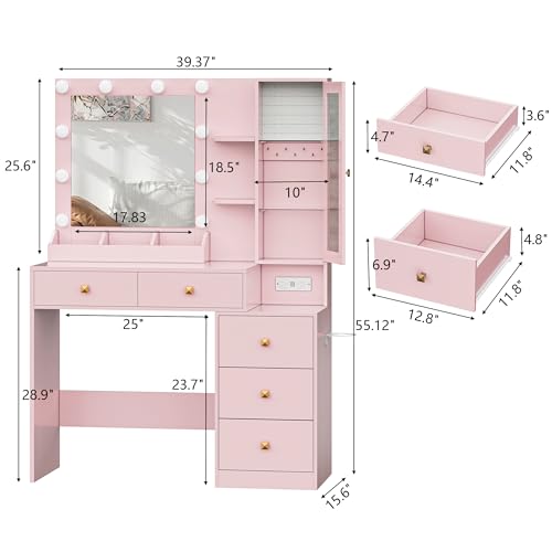 Image of HUANLEGO Vanity Desk with Mirror and Lights, Pink Makeup Vanity Set with 5 Drawers, Jewelry Organizer& LED Glass Cabinet, 3 Light Mode Dressing Table for Girls, Vanities Mirror with Lights Desk