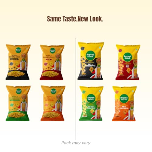 Image of Beyond Snack Nendran Kerala Banana Chips | Combo pack (Original Salted, Desi Masala , Salt and Pepper,Peri Peri, Sour Cream Onion Parsley, Hot and Sweet Chilli )| Thin Crunchy Crispy Snack |600g (100g*6packs)