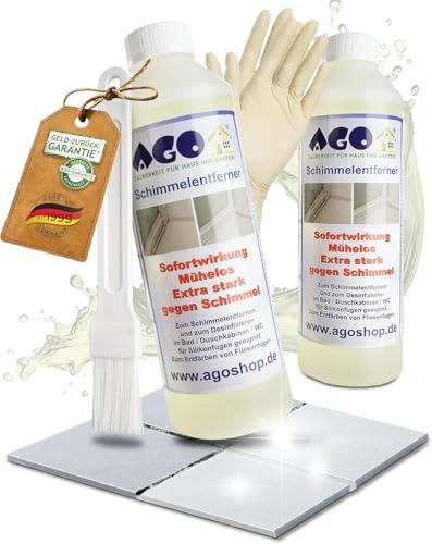 AGO 2x 500ml Schimmelentferner mit Pinsel & Handschuhen stärker als herkömmliche Sprühreiniger/hochkonzentriertes Anti Schimmel Mittel/Schimmelentferner Fugen Dusche/Schimmel Entferner
