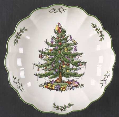 Christmas Tree-Green Trim 10" Round Fluted Dish, Fine China Dinnerware