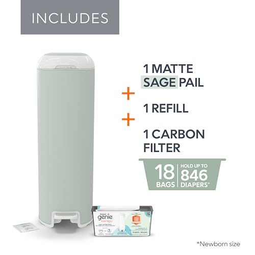 Image of Diaper Genie Platinum Pail (Sage Green) is Made in Durable Stainless Steel and Includes 1 Easy Roll Refill with 18 Bags That can Last up to 5 Months.