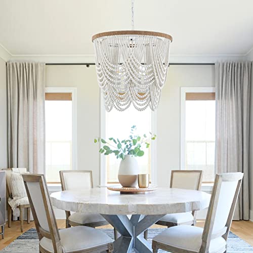 Lustre bohème artisanal en perles de bois rustique E26