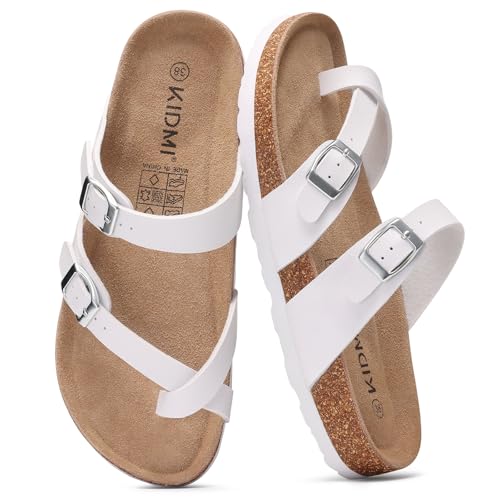 Image of KIDMI Women's Cork Footbed Sandals with Toe Loop, Comfortable Summer Slip-On Slides with Adjustable Buckle